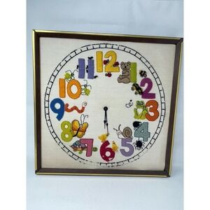Vintage Finished‎ Crewel Clock Animals Toddler Wood Frame Wall Hanging